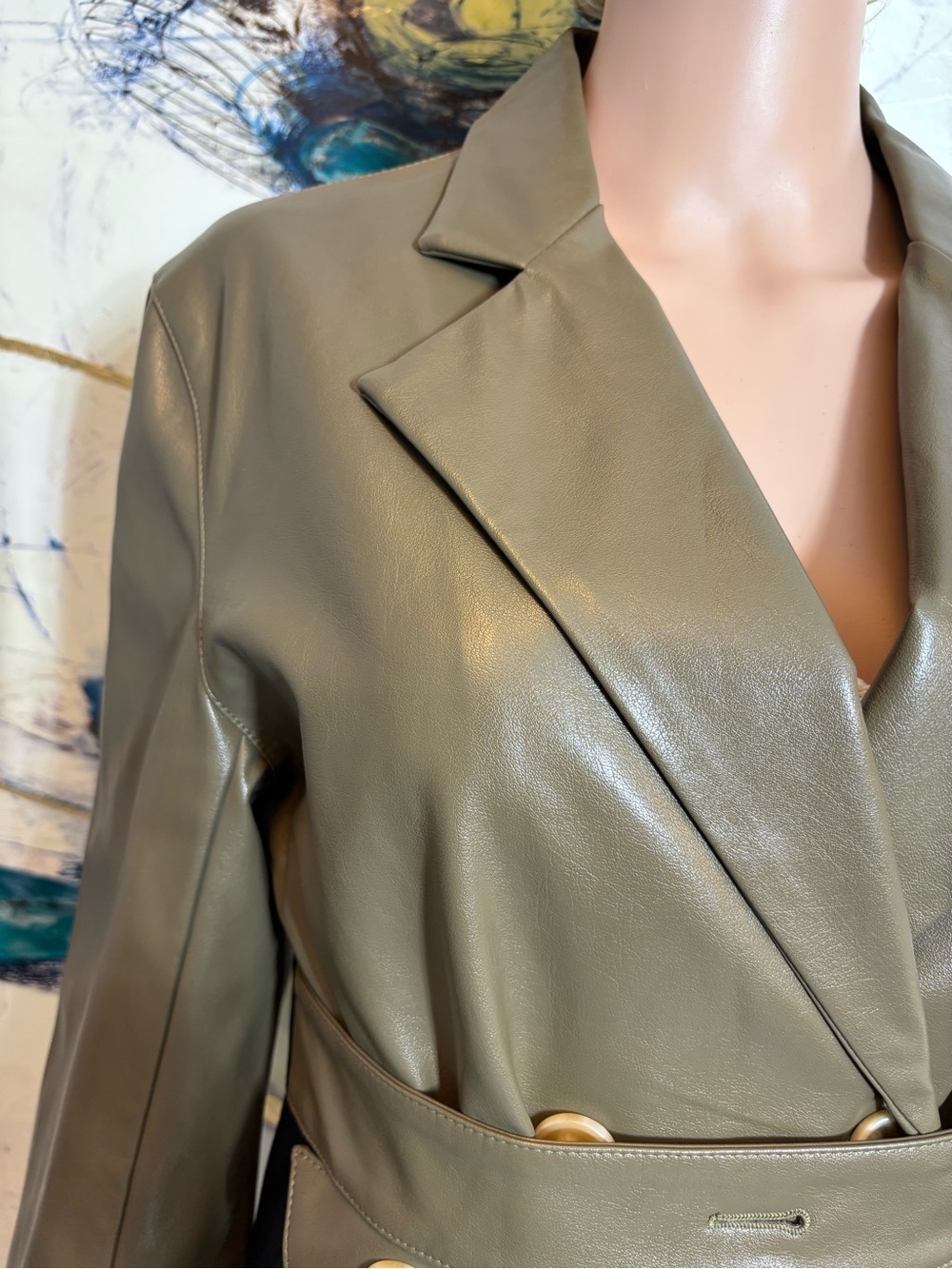 Olive Green Faux Leather Belted Trench Blazer - Picture 5 of 16
